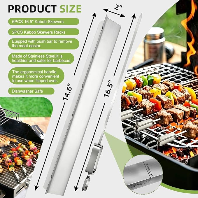 16.5" Metal Skewers for Grilling, Stainless Steel Flat Kabob Skewers | Reusable BBQ Skewers for Kebab Barbecue Grill with Push Bar and Rack, Heavy Duty Skewer Sticks for Outdoor Camping Cooking