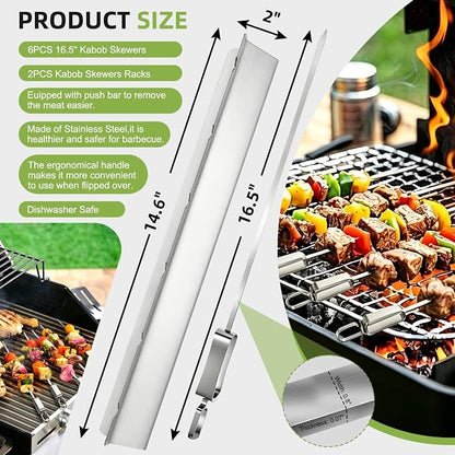 16.5" Metal Skewers for Grilling, Stainless Steel Flat Kabob Skewers | Reusable BBQ Skewers for Kebab Barbecue Grill with Push Bar and Rack, Heavy Duty Skewer Sticks for Outdoor Camping Cooking