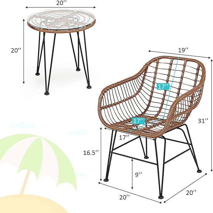 Tangkula 3 Pieces Patio Conversation Bistro Set, Outdoor Wicker Furniture w/Round Tempered Glass Top Table & 2 Rattan Armchairs, Bistro Chat Set w/Seat Cushions for Porch, Backyard, Garden