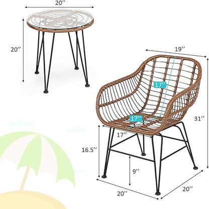 Tangkula 3 Pieces Patio Conversation Bistro Set, Outdoor Wicker Furniture w/Round Tempered Glass Top Table & 2 Rattan Armchairs, Bistro Chat Set w/Seat Cushions for Porch, Backyard, Garden