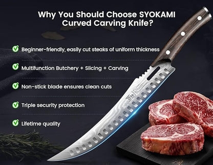 SYOKAMI Butcher Breaking Knife for Meat Cutting, 10.5 Inch Japanese Style Curved Carving Knife with Wooden Full Tang Handle, Damascus Pattern, Razor Sharp Cimiters with Gift Box, Birthday Gift for Men