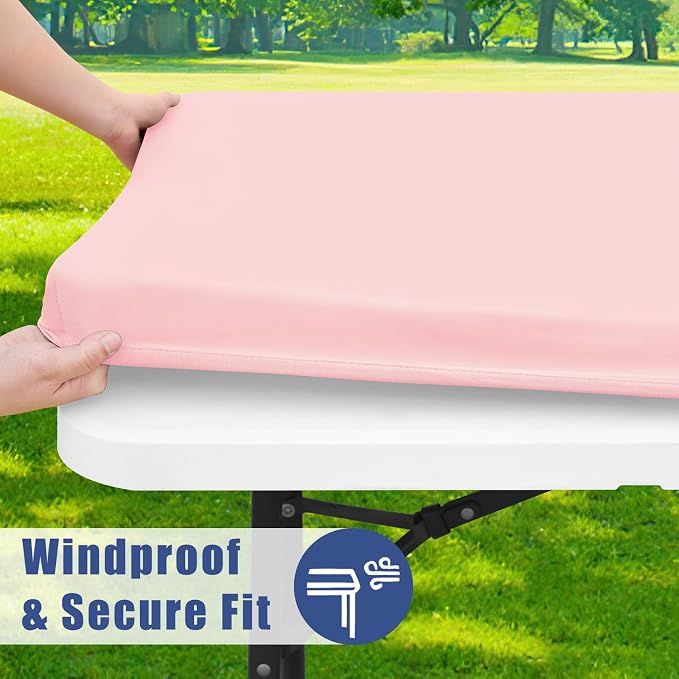 Moosfor Spandex Square Table Cloth, Elastic Fitted Tablecloths for Picnic, Stretch Washable Patio Table Cover for Outdoor, Camping, Banquet and Parties (Pink, 34"x34")