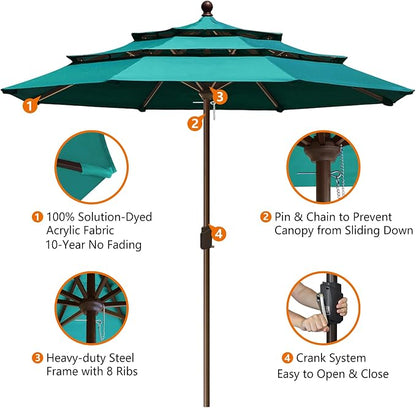 EliteShade USA 10-Year-Non-Fading 10ft 3-Tier Market Patio Umbrella, Commercial Grade Outdoor Table Umbrella with Crank Open, Windproof & UPF 50+ UV Protection, Heavy Duty Ventilation for Garden, Deck, Pool, Backyard, Beach & Bistro, No Tilt, Teal
