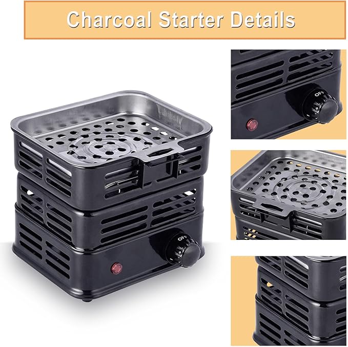 3D Multipurpose Turbo Coal Burner,Multipurpose Electric Charcoal Burner Coconut Charcoal Starter Heating Zones with Stainless Detachable Tongs, 1000W High Power Cube Coil Burner Fire Starter,Black
