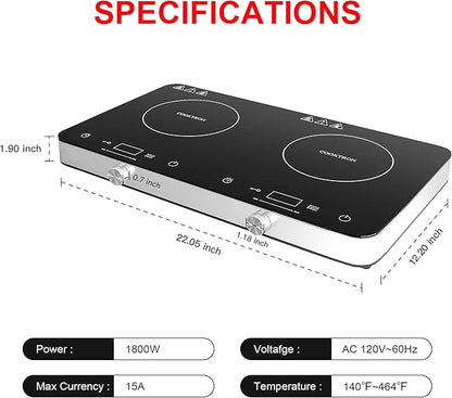 COOKTRON Double Induction Cooktop Burner, 1800w 2 burner Induction Cooker Cooktop, 10 Temperature 9 Power Settings Portable Electric Countertop Burner Touch Stove with Child Safety Lock & Timer