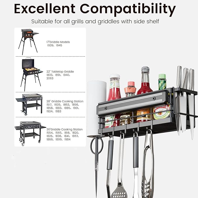 LIVOD Griddle Caddy - Magnetic Tool Holder for Blackstone Grills (17"-36") with Paper Towel Holder & Knife Rack
