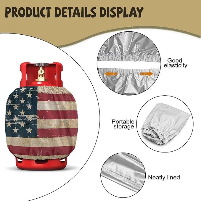 Retro American Flag Dual Propane Tank Cover 20 lb Patriotic Weather Resistant Gas Cylinder Polyester Blue Red 4th of July Decoration Slip-On Standard Tank Cover