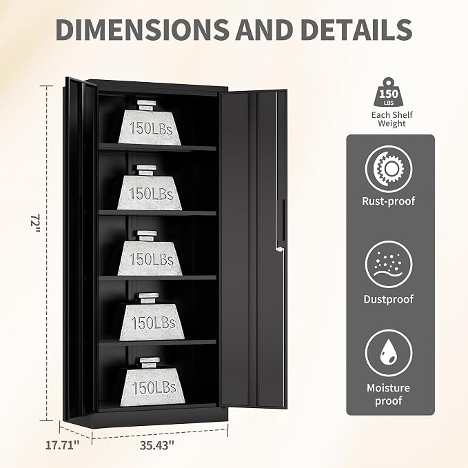 Metal Storage Cabinet with Lock, 72"H Garage Storage Cabinet, Black | Storage Cabinet with 2 Doors and 4 Adjustable Shelves, Steel Locking File Cabinet for Garage Office Home, 72"H x 18"D x 35"W