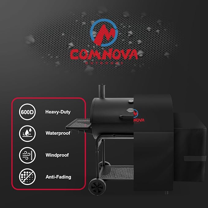 Comnova Grill Cover for Char Griller Smokin' Champ with Side Fire Box - 600D Waterproof Grill Cover Fits Smokin Champ 1624, Offset Smoker 1733, Blazer 2130, Classic 2175 Models - 66"L x 29"W x 50"H