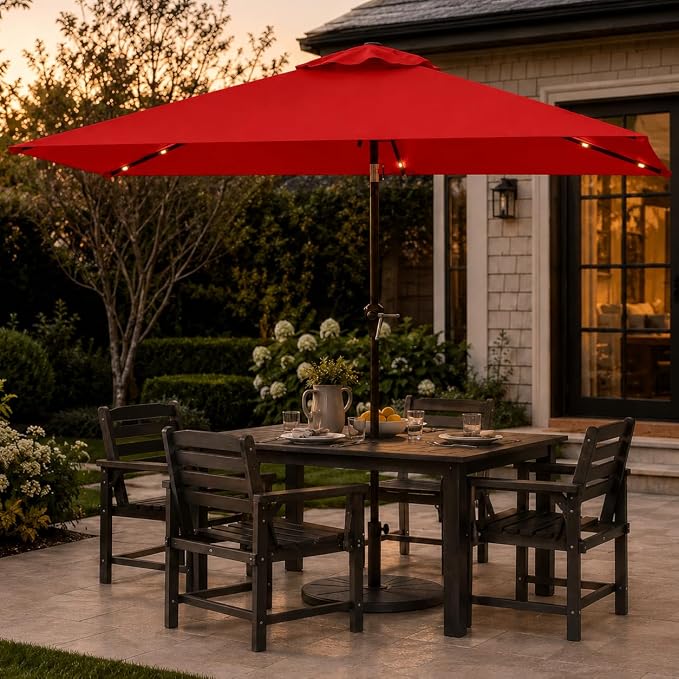 6.5 x 10ft Rectangular Patio Umbrella with Solar Lights, 16 LED Lighted Market Umbrella with Push-Button Tilt and Crank, 6 Sturdy Iron Ribs for Garden, Deck, Pool, Red