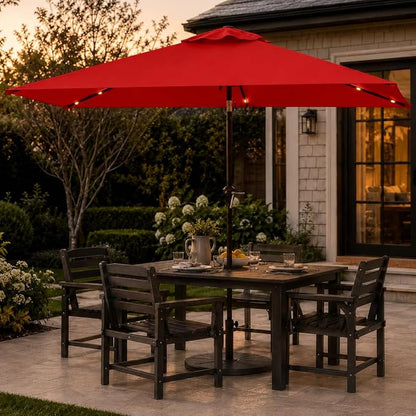 6.5 x 10ft Rectangular Patio Umbrella with Solar Lights, 16 LED Lighted Market Umbrella with Push-Button Tilt and Crank, 6 Sturdy Iron Ribs for Garden, Deck, Pool, Red