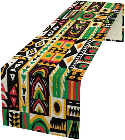 African Tribal Table Runner, Retro Geometric Ethnic Abstract Folk Red Green Yellow Seasonal Table Runner Decor for Kitchen Farmhouse Home Holiday Parties 13x36in