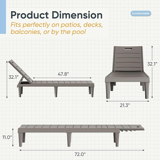 Greesum Outdoor Chaise Lounge Chairs Set of 2 with 5-Position Adjustable Backrest, Waterproof PP Sun Loungers for Garden Pool Beach Patio Deck Sunbathing, Light Coffee
