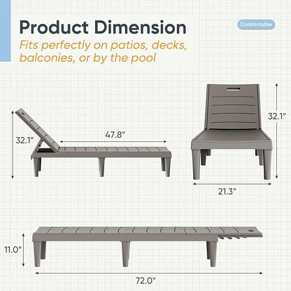 Greesum Outdoor Chaise Lounge Chairs Set of 2 with 5-Position Adjustable Backrest, Waterproof PP Sun Loungers for Garden Pool Beach Patio Deck Sunbathing, Light Coffee