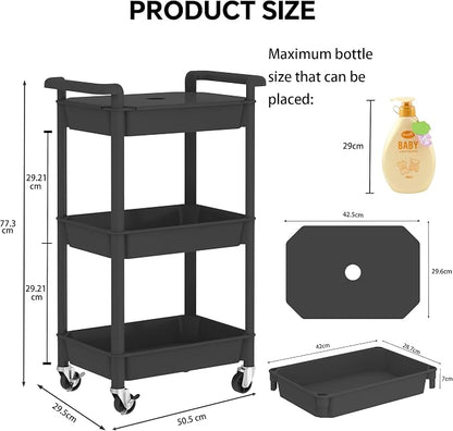 Steehoom 3-Tier Utility Rolling Cart with Cover Top Board, Mobile Utility Cart with Lockable Casters Multi-Functional Storage Trolley for Office, Bathroom, Kitchen, Garden, Laundry Room (Black)