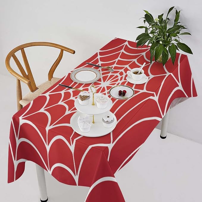 Spider Web Hero Tablecloth, White Spiderweb Red Cobweb Water Resistant Wipeable Table Cover for Picnic Party Holiday Kitchen Dinner Table 60"x120"