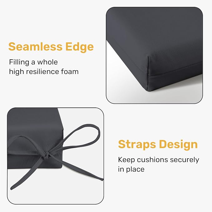 UNIKOME Outdoor Chair Cushions Pack of 4, Water Resistant Patio Cushions with Ties, High Density Sponge Filling Square Corner Seat Cushions for Outdoor Furniture, 18.5"*16"*3", Grey