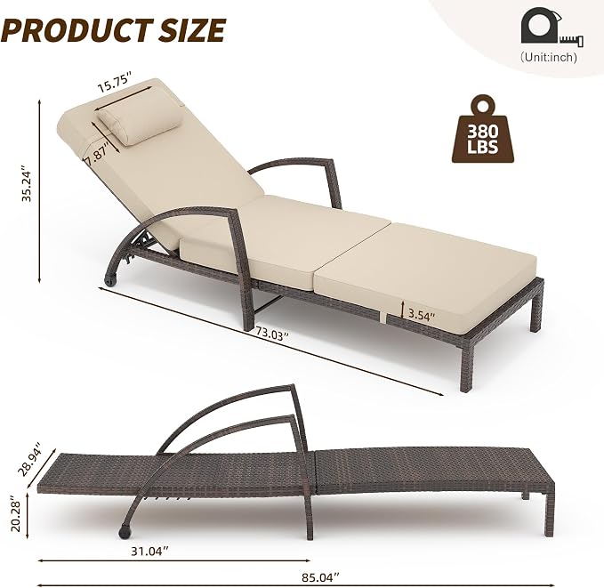 GarveeLife 2-Piece Rattan Patio Folding Chaise Lounge, 5-Position Adjustable Backrest Outdoor Lounge Chair with Cushion and Pillow for Poolside, Backyard, Deck, Porch, Beige