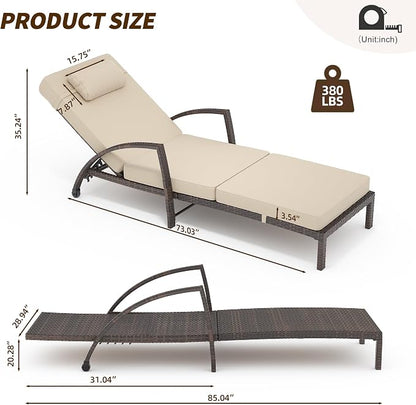 GarveeLife 2-Piece Rattan Patio Folding Chaise Lounge, 5-Position Adjustable Backrest Outdoor Lounge Chair with Cushion and Pillow for Poolside, Backyard, Deck, Porch, Beige