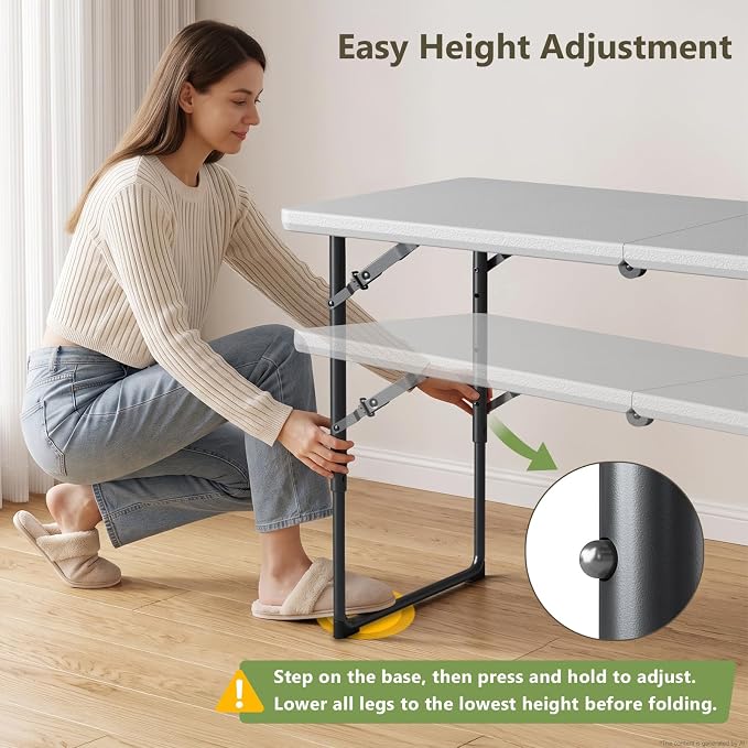 Folding Table and Chairs Set for 4, 4FT Adjustable Height Plastic Folding Table with 4 Foldable Chairs, Portable Folding Table Set for Dining, Party, Wedding, Picnic, Camping, RV Travel