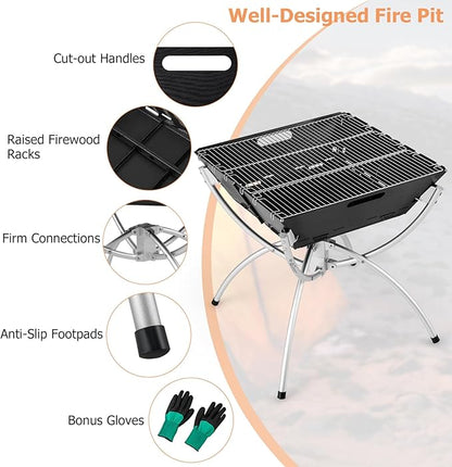Giantex Folding Campfire Grill, Camping Grill with Stainless Steel Grates, Collapsible Aluminum Legs, Carry Bag, Portable Firewood Barbecue Grill for Backpacking Road Trips Outdoor Cooking
