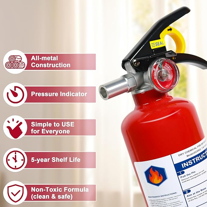 6-Pack Fire Extinguisher for Home, 2.5 lb 1-A:10-B:C Rated Dry Chemical Fire Safety Gear with Quick-Release Handle, Certified for Kitchen, Car, Vehicle, Boat, RV, Grill