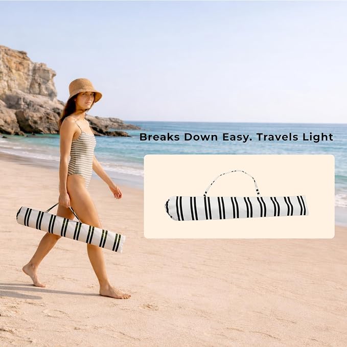 6FT Striped Fringe Beach Umbrella, Sand Anchor, UPF 50+ Sun Shade | Adjustable Tilt & Portable Design, Coastal Umbrella for Beach & Patio, Heritage Black Stripe