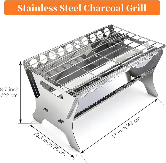 Portable Charcoal Grill, Stainless Steel BBQ Grill – 9x10x17 inch Folding Firepit Grill for Camping, Backyard, Picnic & Outdoor Cooking