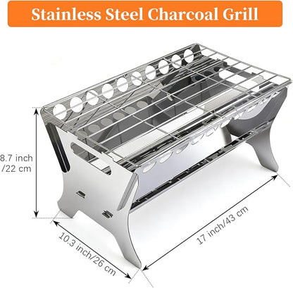 Portable Charcoal Grill, Stainless Steel BBQ Grill – 9x10x17 inch Folding Firepit Grill for Camping, Backyard, Picnic & Outdoor Cooking