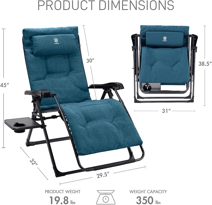 EVER ADVANCED Aluminum Zero Gravity Chair Oversized, Thick Padded Reclining Lounge Chair with Adjustable Headrest & Side Table, Heavy Duty Support 350 lbs, Foldable for Outdoor & Indoor, Green-2 Pack