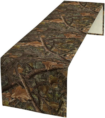 Forest Camouflage Style Table Runner, Forest Camo Conifer Oak Branches Leaves Mossy Hunting Lodge Camp Cabin Pattern for Kitchen CoffeeTea Table Dinner Room 13x60in