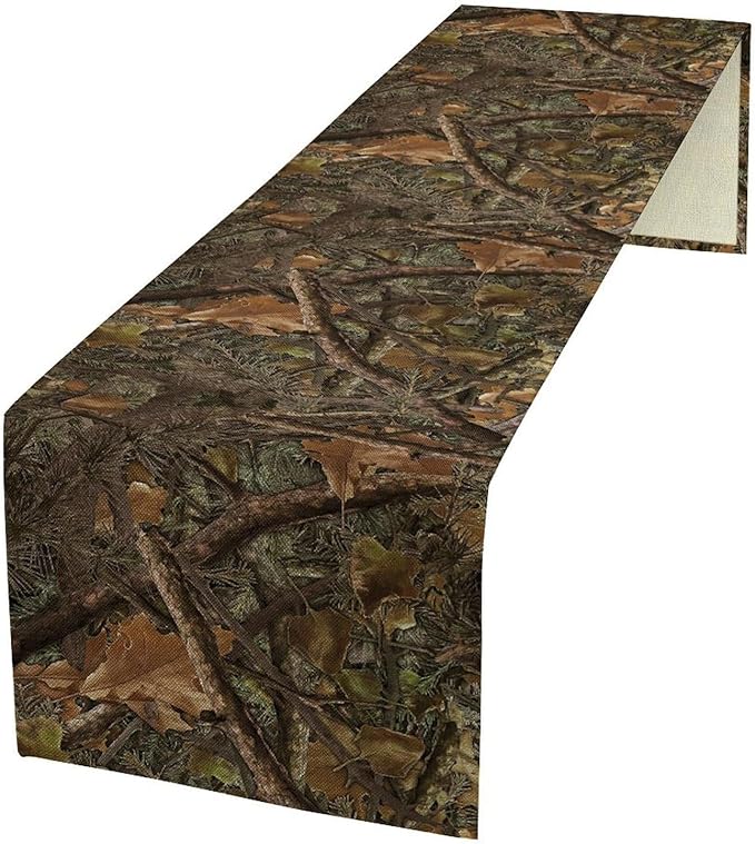Forest Camouflage Style Table Runner, Forest Camo Conifer Oak Branches Leaves Mossy Hunting Lodge Camp Cabin Pattern for Kitchen CoffeeTea Table Dinner Room 13x36in