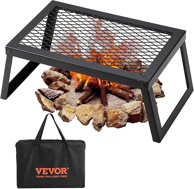 VEVOR Folding Campfire Grill, 18" Portable Camping Grates Over Fire Pit, Heavy Duty Steel Mesh Grate, Camp Fire Cooking Equipment with Legs Carrying Bag, Grilling Rack for Outdoor Open Flame Cooking