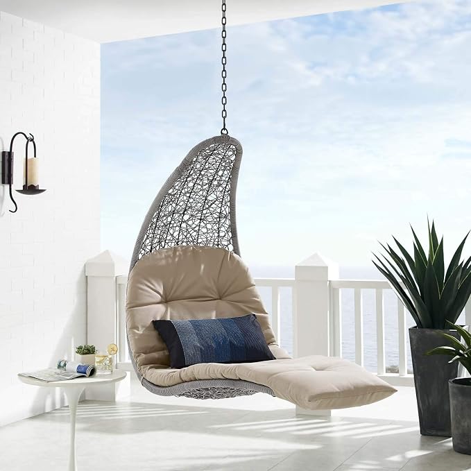 Modway Landscape Wicker Rattan Outdoor Patio Porch Chaise Lounge Hanging Swing Chair in Light Gray, Beige