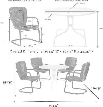 Crosley Furniture Ridgeland 5-Piece Outdoor Dining Set for 4, Retro Metal Round Patio Table and Chairs, Turquoise Gloss