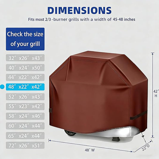 BBQ Gas Grill Cover for Outdoor, Anti-UV, Rip-Proof, 600D Oxford Fade Resistant Material, Barbecue Cover with Hook and Loop Straps & Adjustable Hem Drawstring (Reddish Brown, 48”x22”x42”)