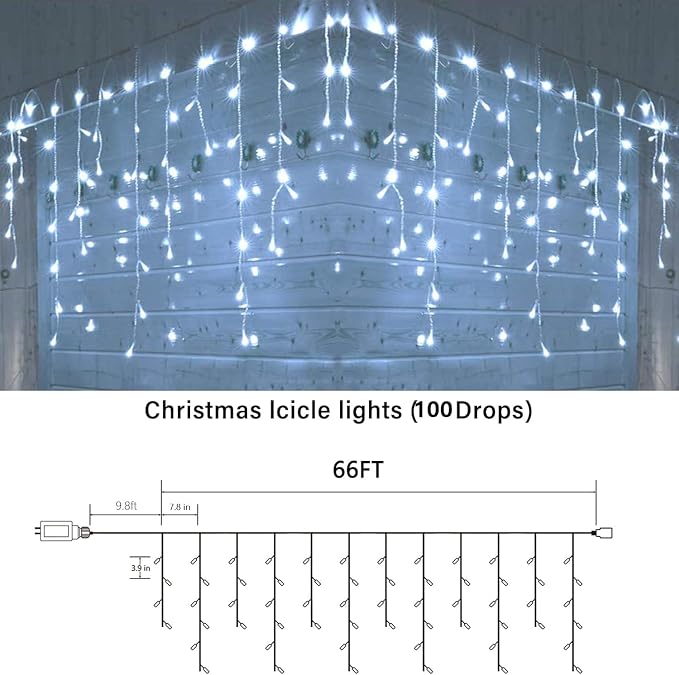 Joomer 66FT Christmas Icicle Lights Outdoor Non-Connectable White | 100 Drops 8 Modes Timer Waterproof Plug-in String Light for Christmas Party, holiday Eaves Roof Xmas Decorations