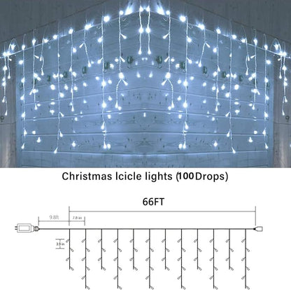 Joomer 66FT Christmas Icicle Lights Outdoor Non-Connectable White | 100 Drops 8 Modes Timer Waterproof Plug-in String Light for Christmas Party, holiday Eaves Roof Xmas Decorations