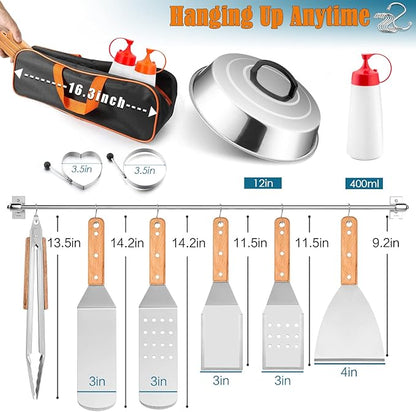 HaSteeL Griddle Accessories Set of 12, Professional Stainless Steel Metal Spatula Tools with 12in Cheese Melting Dome, Heavy Duty Griddle Spatulas Great for Teppanyaki Flat Top Cooking Outdoor Indoor