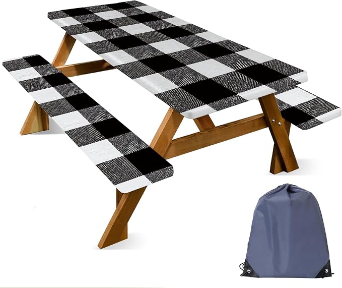 FOREVER QUEEN Picnic Table Cover with Bench Covers 72in,Waterproof Windproof Fitted Tablecloth,Black White Buffalo Plaid Camping Essentials with Drawstring Bag for Patio,Park & Backyard