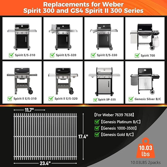 QuliMetal SUS304 Grill Grates for Weber Spirit E-310 and GS4 Spirit II 300 Series, Spirit 700, Genesis Silver B & C, Genesis Gold B & C, Genesis Platinum B & C, Genesis 1000-3500