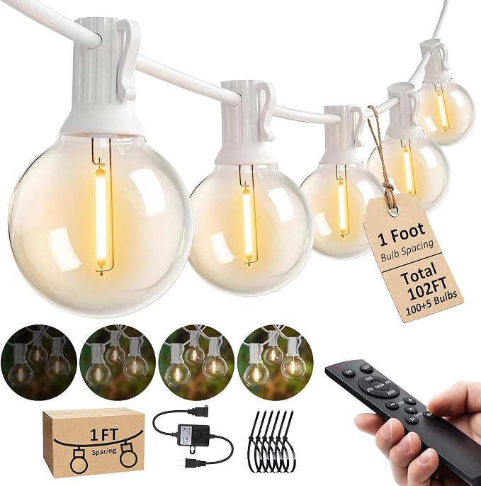 Outdoor-String-Lights with Remote 102FT Waterproof lights for Outside Patio | 1FT Bulbs Apart, White Cord String Lights, Connectable Dimmable Patio Lights with Remote,Timer, 3 Modes for Backyard,Bistro