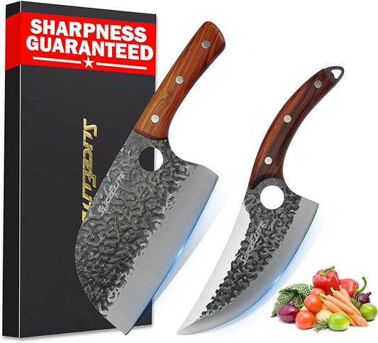 SliceElite Heritage Forge Series 2PCS Hand-Forged Serbian Chef & Viking Duo Kitchen Tool Meat Cleaver Chopping Knife Outdoor Cooking BBQ Butcher Set Forged Cooking Knives Great Knife for Men and Women