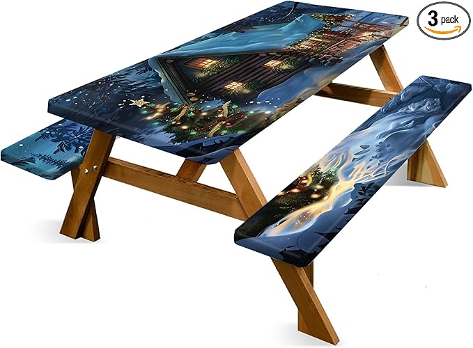 Christmas Picnic Table Cover with Bench Cover, Outdoor Picnic Table Elastic Tablecloth, Green Santa Claus and Reindeer Design, Camping, Barbecue and Holiday Party Tablecloth