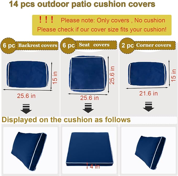 14 Piece Outdoor Patio Cushion Cover Replacement, Waterproof Patio Cushion Covers, Outdoor Furniture Cushion Covers Set for 6 Seat Wicker Rattan Sofa (Blue+White Side)
