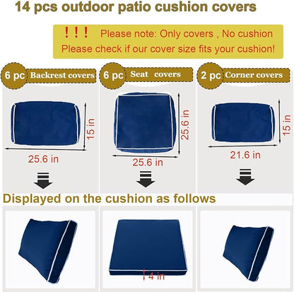 14 Piece Outdoor Patio Cushion Cover Replacement, Waterproof Patio Cushion Covers, Outdoor Furniture Cushion Covers Set for 6 Seat Wicker Rattan Sofa (Blue+White Side)