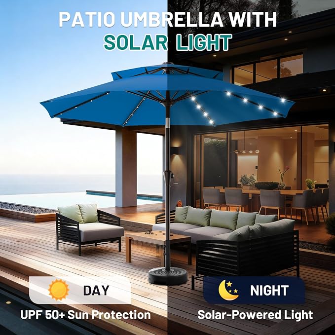 AreShark 9ft 2 Tiers Patio Umbrella with Solar Lights, Outdoor Umbrella w/ 32 LED Lights&8 Sturdy Ribs, Table Umbrella for Deck, Backyard, Pool(Royal Blue)