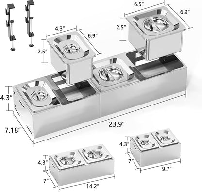 Pizza Topping Station for Grill Cart, Universal Condiment Serving Container for Outdoor Grill Stand, Stainless Steel Seasoning Containers with Lid, 4 Compartment Trays for Prepping Ingredients