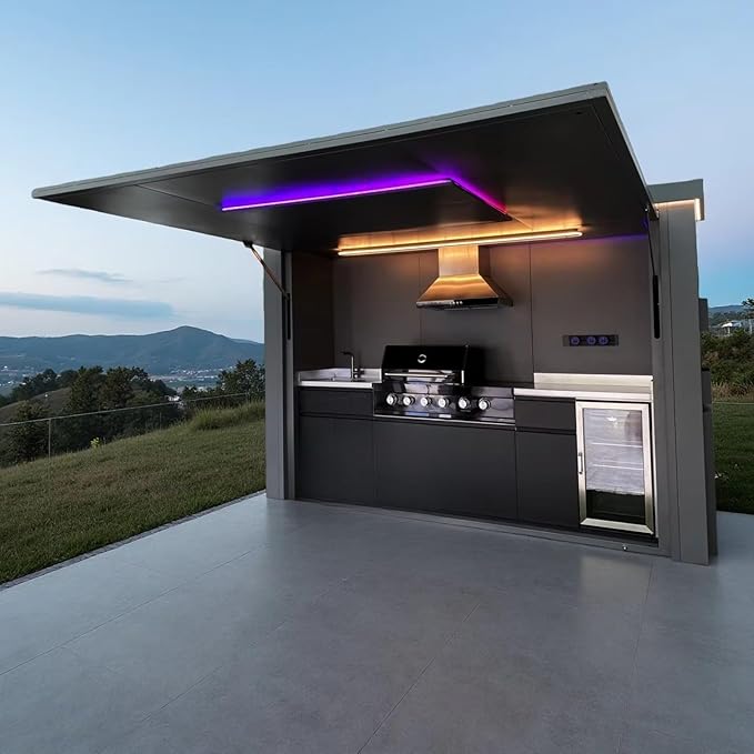 Modern Outdoor Kitchen with Automatic Hydraulic Canopy - Integrated LED Lighting - Premium Prefab BBQ Island with Custom Specs