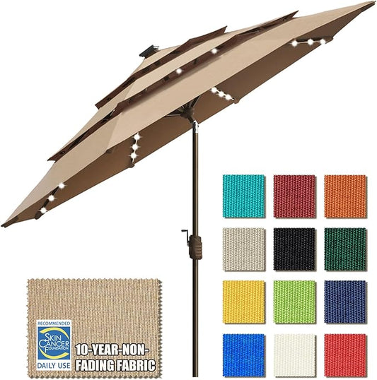 EliteShade USA 10-Year-Non-Fading 9ft 3-Tier Market Patio Umbrella, Commercial Table Umbrella with 80 Solar LED Lights, Crank Open, Windproof & UPF 50+ UV Protection for Garden, Deck, Pool, Backyard, Heather Beige
